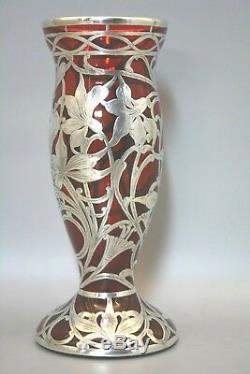 Sterling Silver Overlay Vase Art Nouveau Ruby Red Engraved Floral Glass