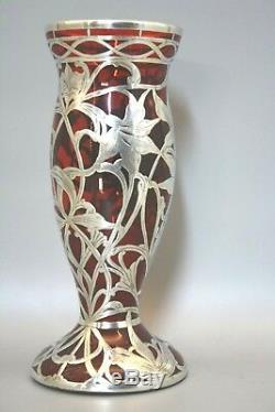 Sterling Silver Overlay Vase Art Nouveau Ruby Red Engraved Floral Glass