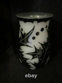 Steuben Acid Cut Black/Alabaster Glass Vase Art Deco Sea Holly 1928 10H