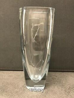 Strombergshyttan Scandinavian Art Glass Crystal Vase 27cm Etched Deer Signed