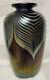 Stuart Abelman Iridescent Pulled Feather Art Glass Vase 1985 9 Inches Tall