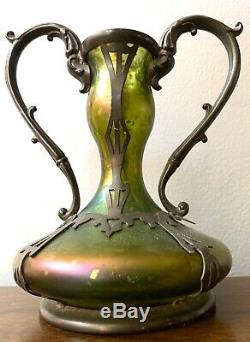 Stunning Antique Green KRALIK Loetz Iridescent Art Glass Vase Czech Pewter Case