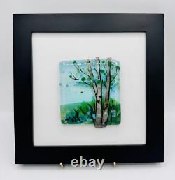 Stunning Kiln Fused Art Glass Birch Trees SIGNED Sara Rezin Nature Framed