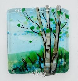 Stunning Kiln Fused Art Glass Birch Trees SIGNED Sara Rezin Nature Framed