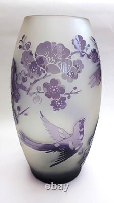 Stunning Large Acid Cut Back Birds & Cherry Blossom Cameo Glass Art Glass Vase