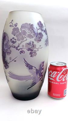 Stunning Large Acid Cut Back Birds & Cherry Blossom Cameo Glass Art Glass Vase