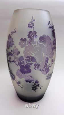 Stunning Large Acid Cut Back Birds & Cherry Blossom Cameo Glass Art Glass Vase