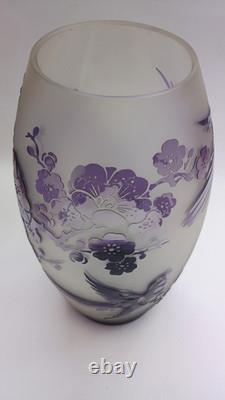 Stunning Large Acid Cut Back Birds & Cherry Blossom Cameo Glass Art Glass Vase