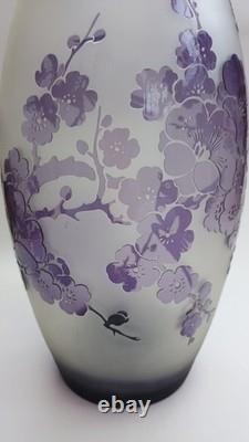 Stunning Large Acid Cut Back Birds & Cherry Blossom Cameo Glass Art Glass Vase
