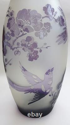 Stunning Large Acid Cut Back Birds & Cherry Blossom Cameo Glass Art Glass Vase