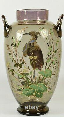 Stunning Large Art Nouveau c1900 Hand Painted Harrach Bohemian Glass Heron Vase