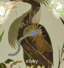 Stunning Large Art Nouveau c1900 Hand Painted Harrach Bohemian Glass Heron Vase