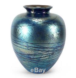 Stunning Vintage 1995 Don Carlson Studio Art Glass Vase Threaded Blue Iridescent