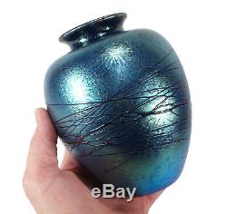 Stunning Vintage 1995 Don Carlson Studio Art Glass Vase Threaded Blue Iridescent