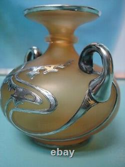 Superb Antique Loetz Kralik ART NOUVEAU sterling solid silver overlay glass vase