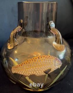 Superb Moser Glass and Enamel Painted Carp & Aquatic Plant Vase C. 1900 Czech