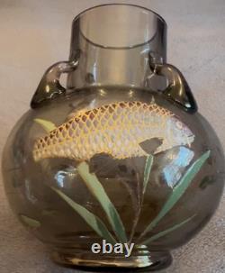 Superb Moser Glass and Enamel Painted Carp & Aquatic Plant Vase C. 1900 Czech