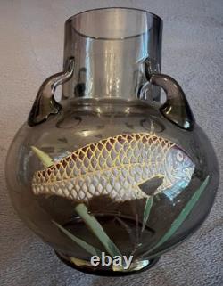 Superb Moser Glass and Enamel Painted Carp & Aquatic Plant Vase C. 1900 Czech