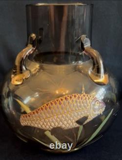 Superb Moser Glass and Enamel Painted Carp & Aquatic Plant Vase C. 1900 Czech