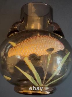 Superb Moser Glass and Enamel Painted Carp & Aquatic Plant Vase C. 1900 Czech