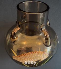 Superb Moser Glass and Enamel Painted Carp & Aquatic Plant Vase C. 1900 Czech