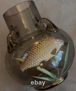 Superb Moser Glass and Enamel Painted Carp & Aquatic Plant Vase C. 1900 Czech