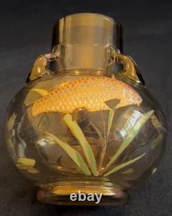 Superb Moser Glass and Enamel Painted Carp & Aquatic Plant Vase C. 1900 Czech