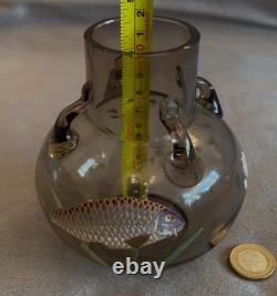 Superb Moser Glass and Enamel Painted Carp & Aquatic Plant Vase C. 1900 Czech