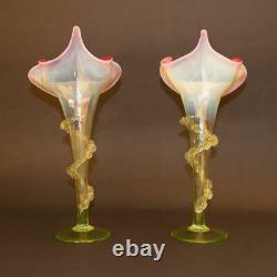 Superb pair of Art Nouveau Vaseline Cranberry Glass Jack in the Pulpit Vases