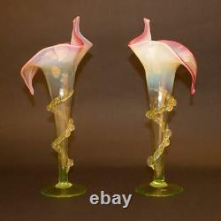 Superb pair of Art Nouveau Vaseline Cranberry Glass Jack in the Pulpit Vases