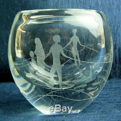 Swedish Signed Engraved Fisherman & Nets Design Art Glass Vase