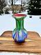 Swirl Of Vibrant Colors Art Glass Vase Hand-crafted Fluted Top 10.25 Tall