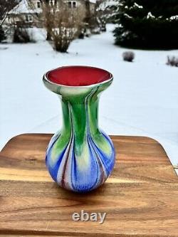 Swirl of Vibrant Colors Art Glass Vase Hand-crafted Fluted Top 10.25 Tall