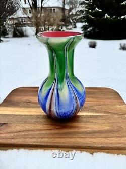 Swirl of Vibrant Colors Art Glass Vase Hand-crafted Fluted Top 10.25 Tall