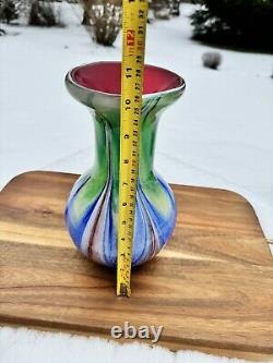 Swirl of Vibrant Colors Art Glass Vase Hand-crafted Fluted Top 10.25 Tall