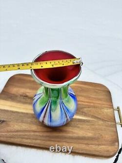 Swirl of Vibrant Colors Art Glass Vase Hand-crafted Fluted Top 10.25 Tall