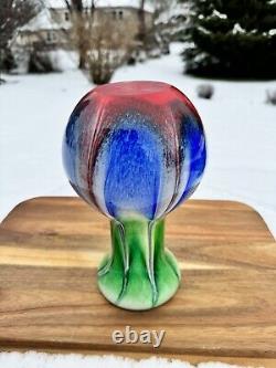 Swirl of Vibrant Colors Art Glass Vase Hand-crafted Fluted Top 10.25 Tall