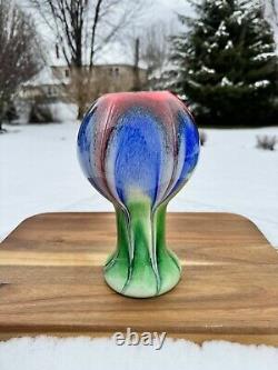 Swirl of Vibrant Colors Art Glass Vase Hand-crafted Fluted Top 10.25 Tall