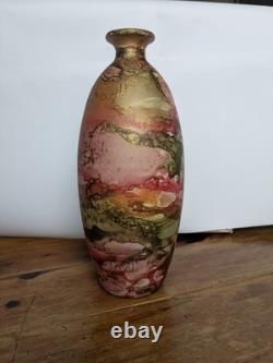 Sylvie Montagnon Signed Art Glass Vase 21cm Pink Green & Gold Abstract Glass