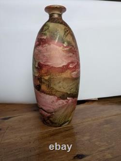 Sylvie Montagnon Signed Art Glass Vase 21cm Pink Green & Gold Abstract Glass