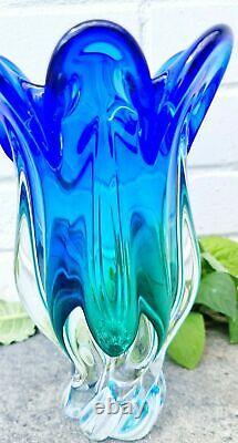 TALL BLUE GREEN HAND BLOWN ART GLASS VASE -Murano Sommerso HOME OFFICE DECOR