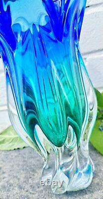 TALL BLUE GREEN HAND BLOWN ART GLASS VASE -Murano Sommerso HOME OFFICE DECOR