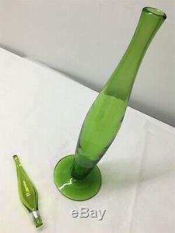 Tall Husted Green Blenko Decanter. Bottle. Vase. Art Glass. MCM
