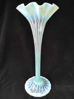 Tall Kempton Victorian Blue Opalescent Ribbed Trumpet Art Glass Vase c1890