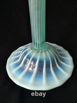 Tall Kempton Victorian Blue Opalescent Ribbed Trumpet Art Glass Vase c1890