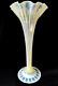 Tall Kempton Victorian Straw Opal Uranium Ribbed Trumpet Art Glass Vase 1890
