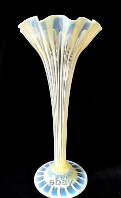 Tall Kempton Victorian Straw Opal Uranium Ribbed Trumpet Art Glass Vase 1890
