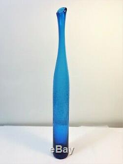 Tall Myers Turquoise Blue Crackle Blenko Bottle Vase. Art Glass Decanter. MCM