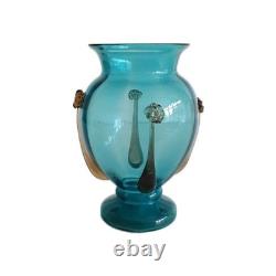 Teal Turquoise Glass Vase Art Nouveau Embellished Beautiful Small 12cm Vintage