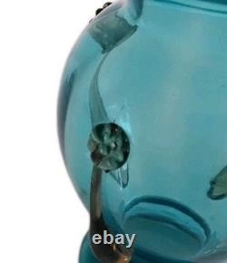 Teal Turquoise Glass Vase Art Nouveau Embellished Beautiful Small 12cm Vintage